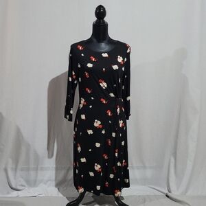 Hobbs London dress black red white flowers 3/4 length sleeves stretch floral